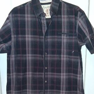 Men's Coastal Button Up Black and Purple Plaid Shirt